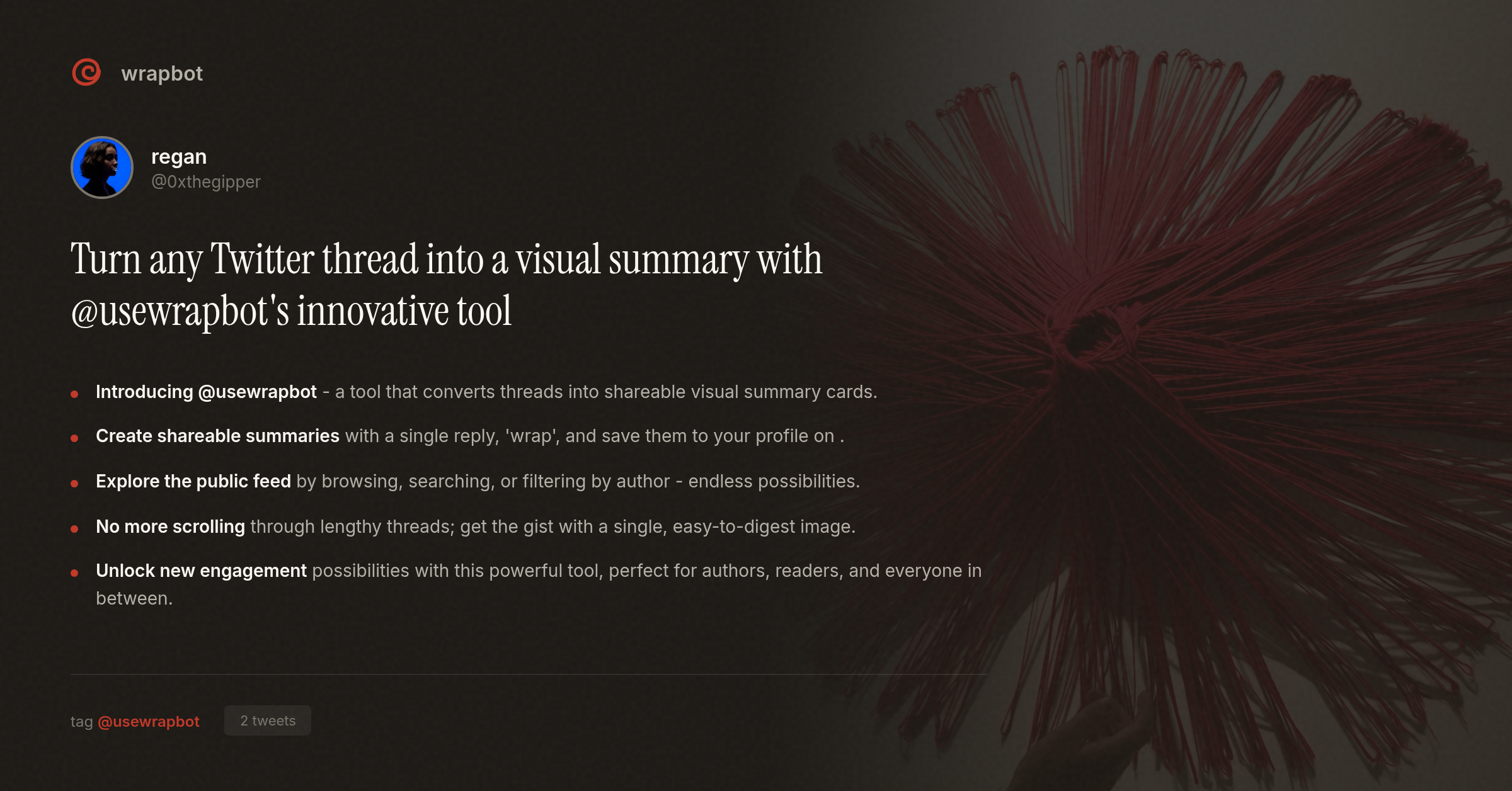 Turn any Twitter thread into a visual summary with @usewrapbot's innovative tool