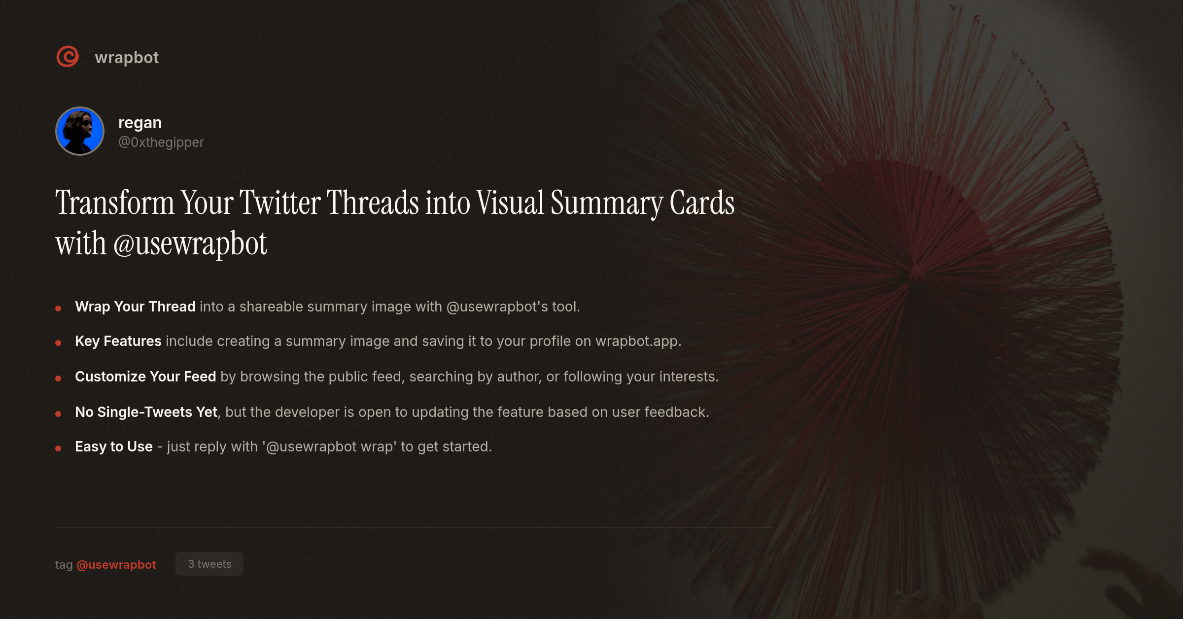 Transform Your Twitter Threads into Visual Summary Cards with @usewrapbot
